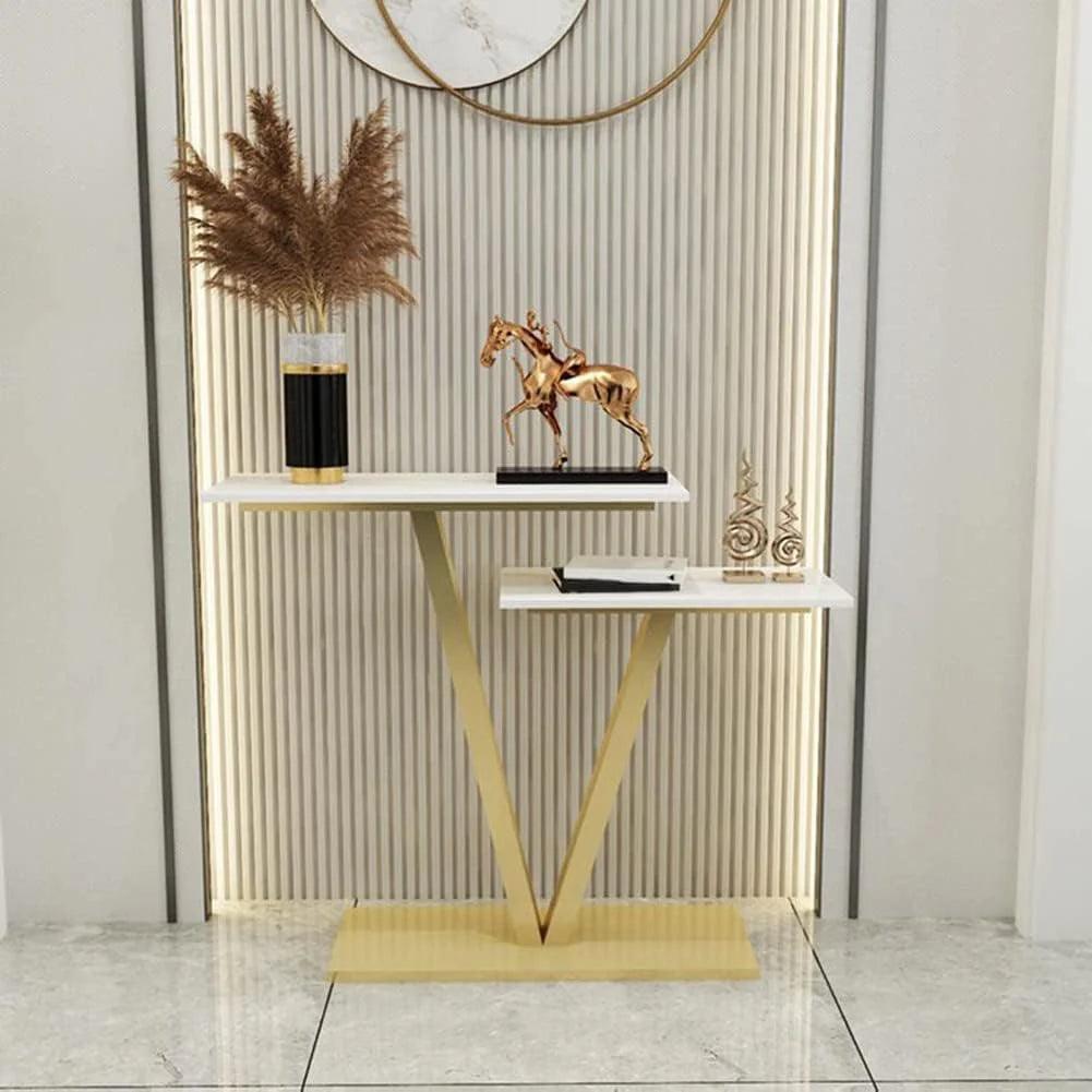 Contemporary 2 Tier White Marble Golden Console Table - Decor Mantra 