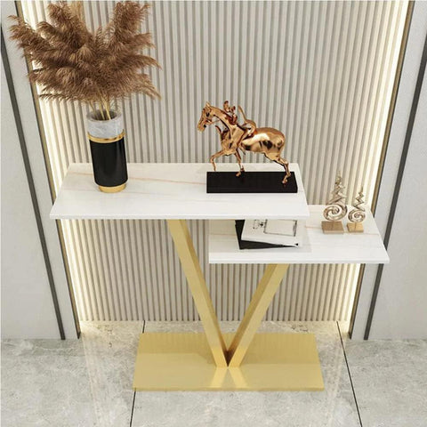 Contemporary 2 Tier White Marble Golden Console Table - Decor Mantra 