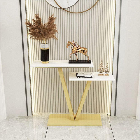 Contemporary 2 Tier White Marble Golden Console Table - Decor Mantra 