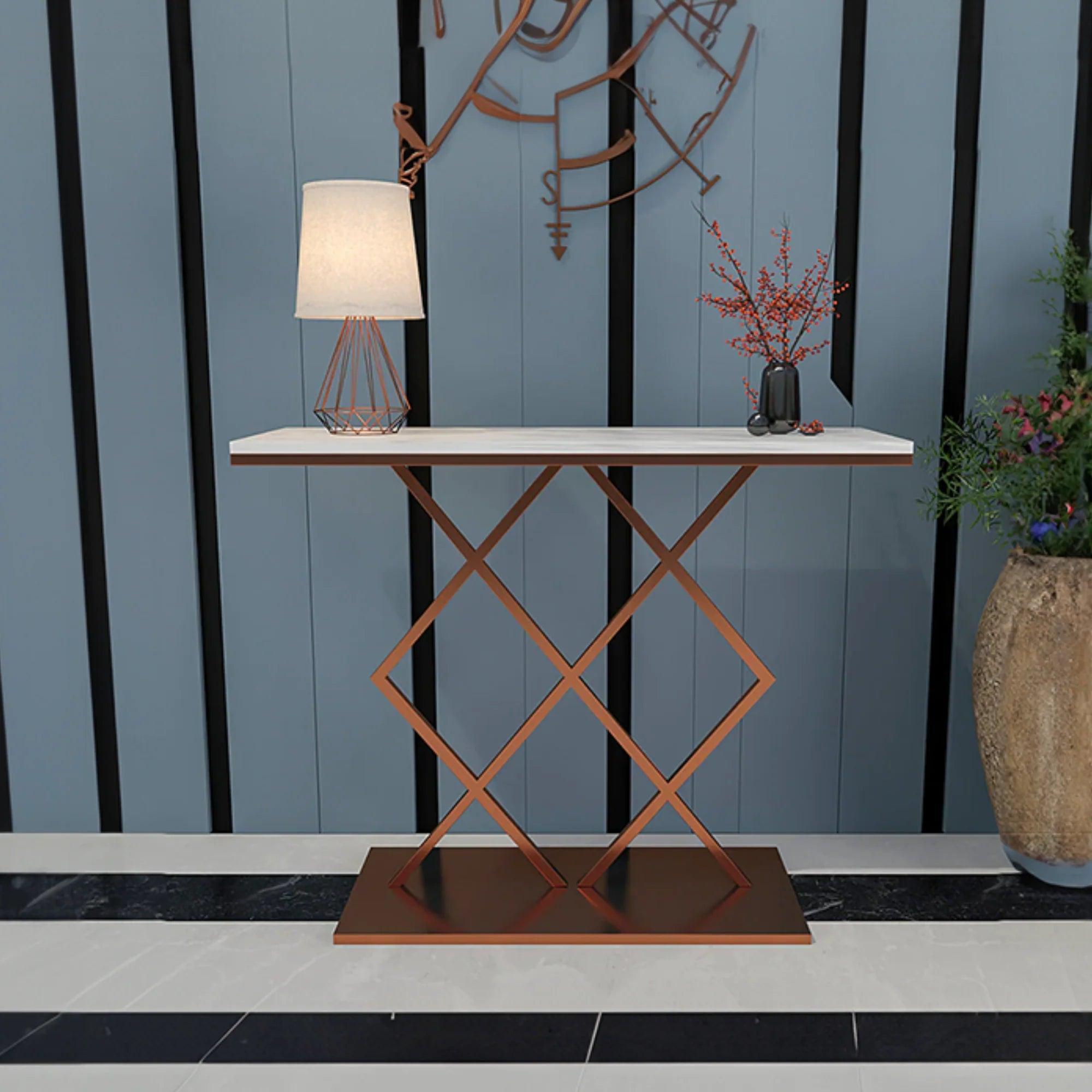 Copper Finish Console Table In Geometric Criss Cross Pattern - Decor Mantra 