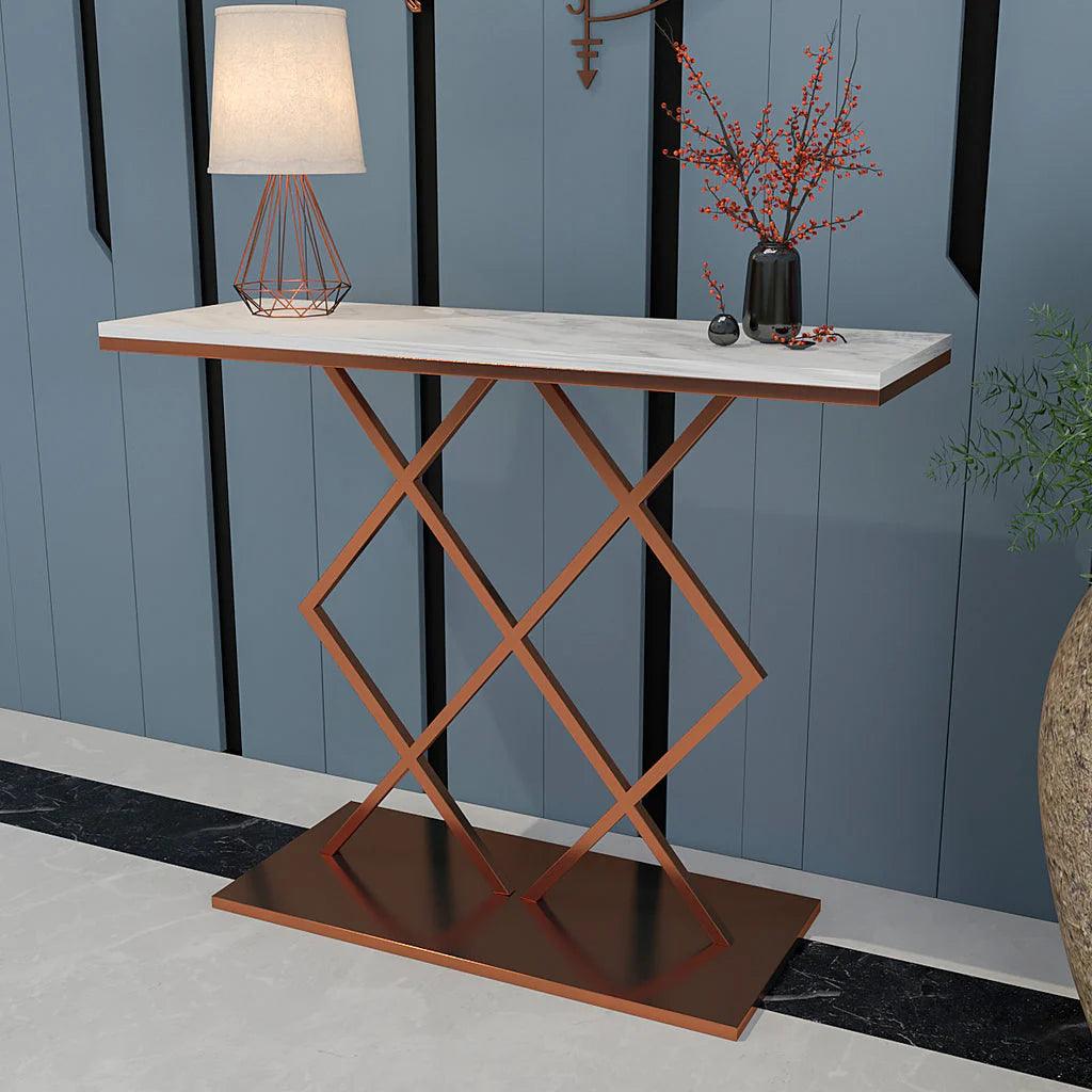 Copper Finish Console Table In Geometric Criss Cross Pattern - Decor Mantra 