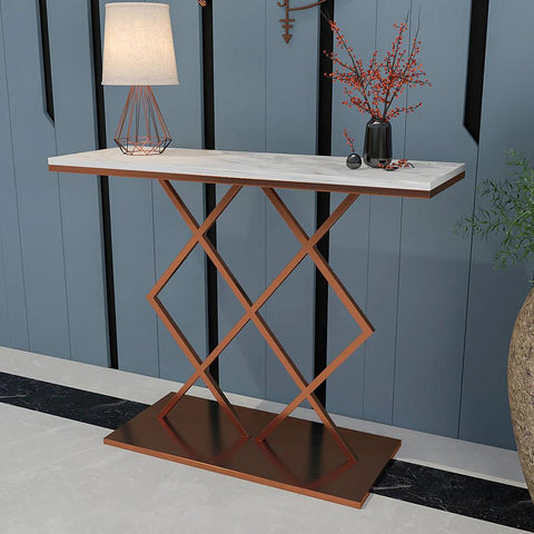Copper Finish Console Table In Geometric Criss Cross Pattern - Decor Mantra 
