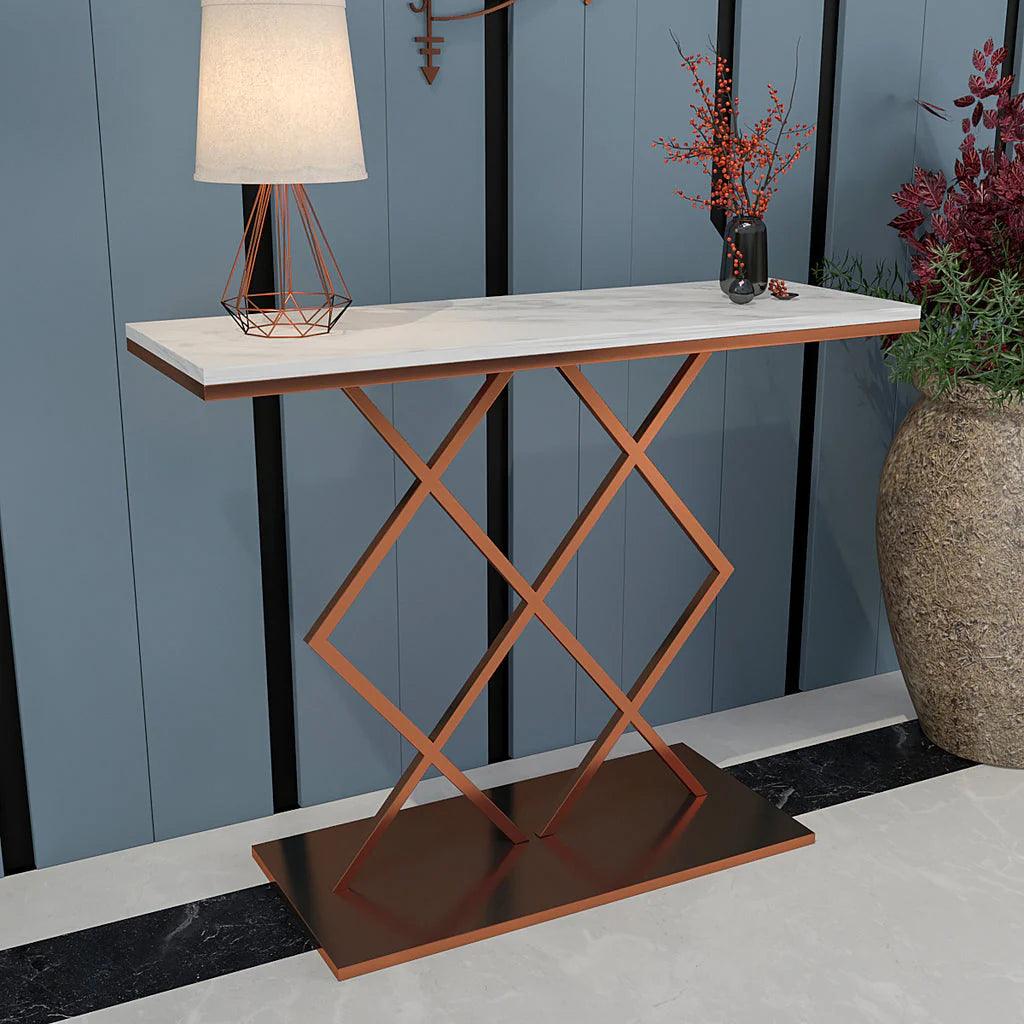 Copper Finish Console Table In Geometric Criss Cross Pattern - Decor Mantra 