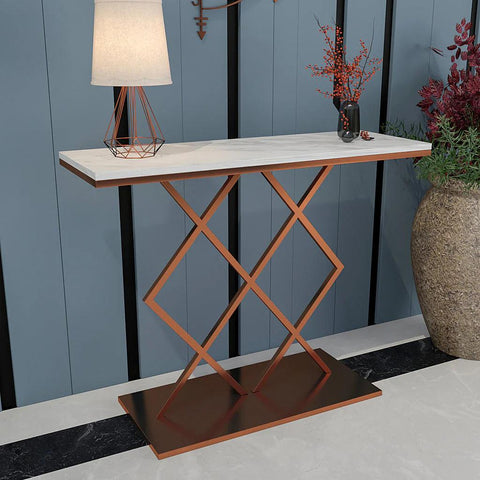 Copper Finish Console Table In Geometric Criss Cross Pattern - Decor Mantra 