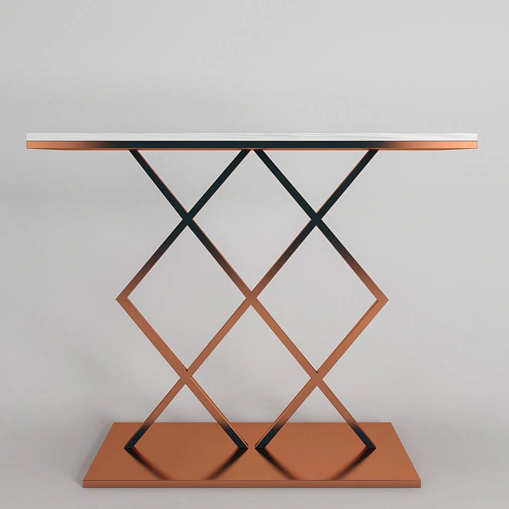 Copper Finish Console Table In Geometric Criss Cross Pattern - Decor Mantra 