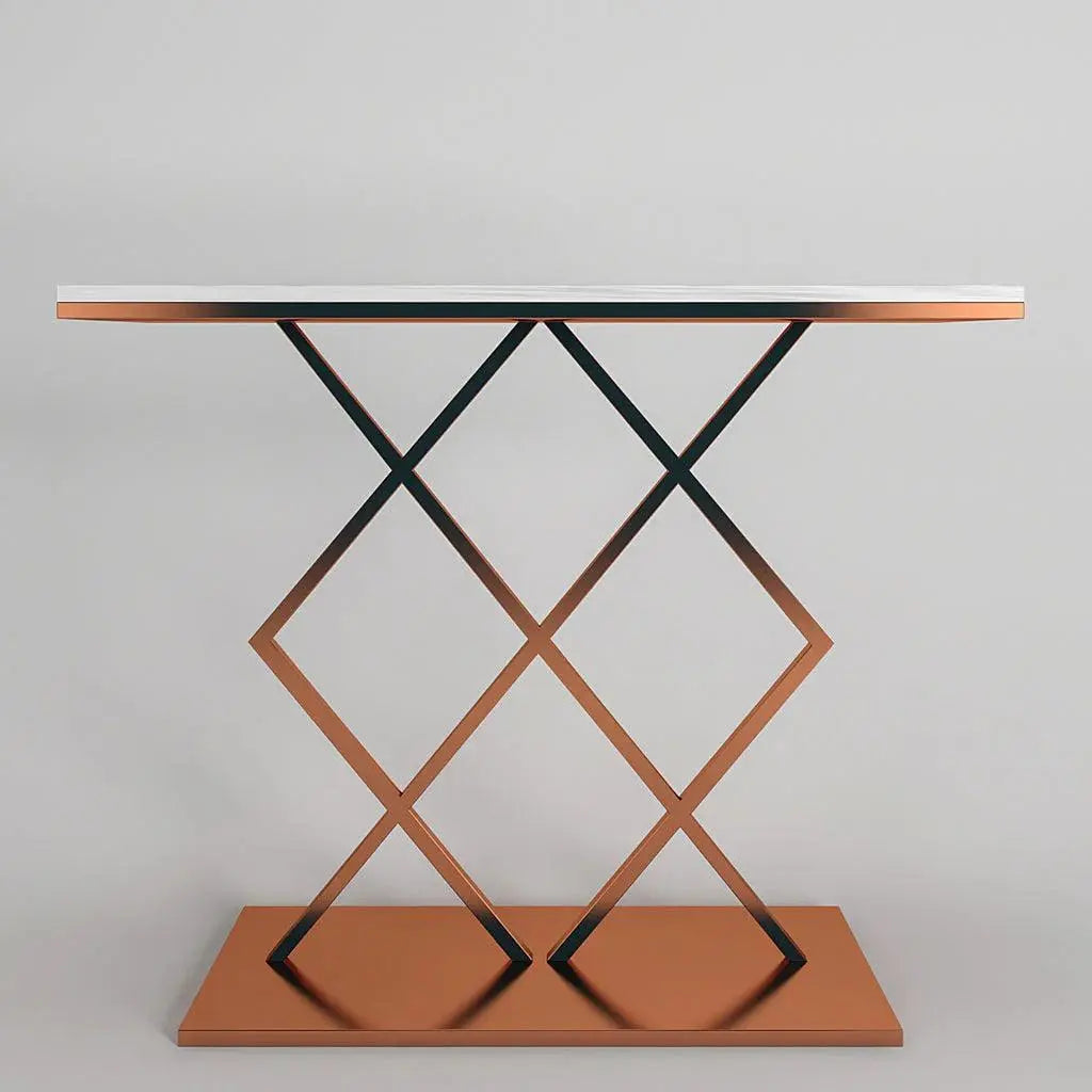 Copper Finish Console Table In Geometric Criss Cross Pattern - Decor Mantra 