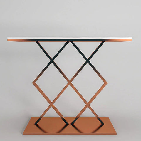 Copper Finish Console Table In Geometric Criss Cross Pattern - Decor Mantra 