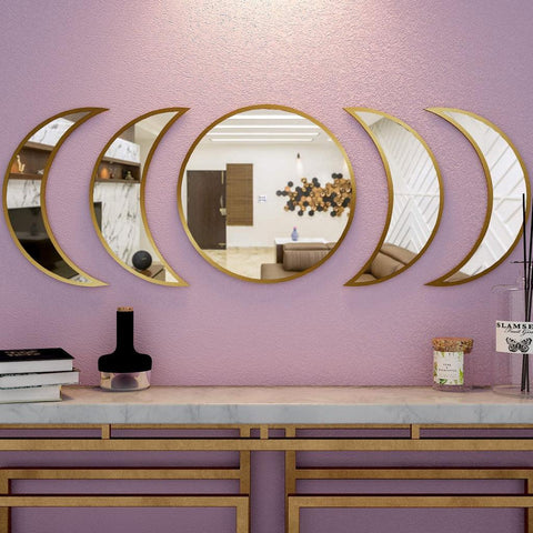 Cycle of Moon Designer Mirrors Set of Five in Golden Finish Frame - Decor Mantra 