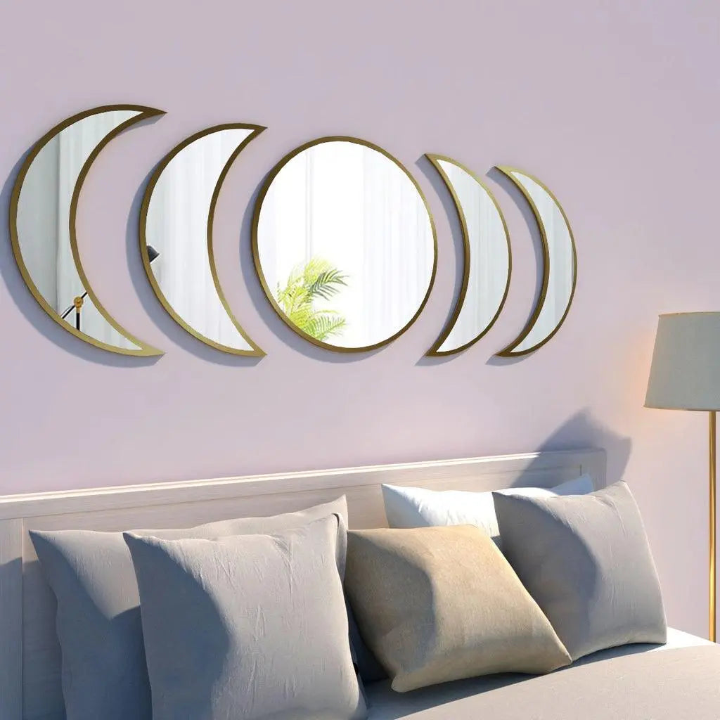 Cycle of Moon Designer Mirrors Set of Five in Golden Finish Frame - Decor Mantra 