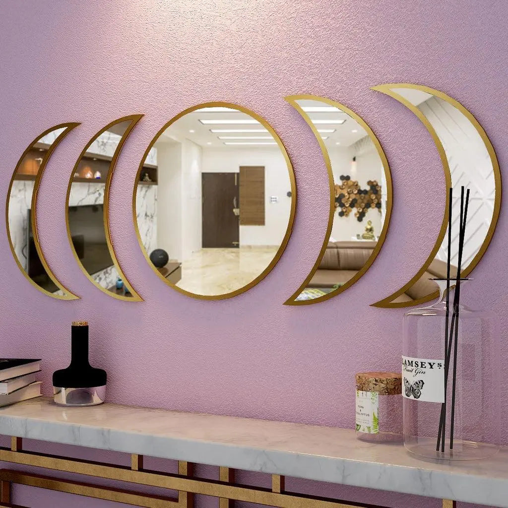 Cycle of Moon Designer Mirrors Set of Five in Golden Finish Frame - Decor Mantra 