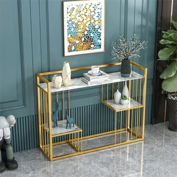 Console Table with Stylish Gold Finish and Porcelain Top - Decor Mantra 
