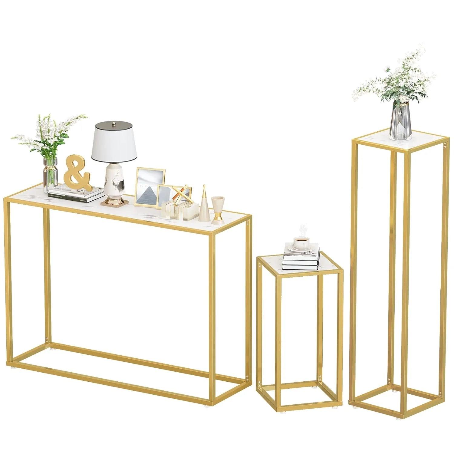 Decorative 3-Pcs White Marble Gold Console Table - Decor Mantra 