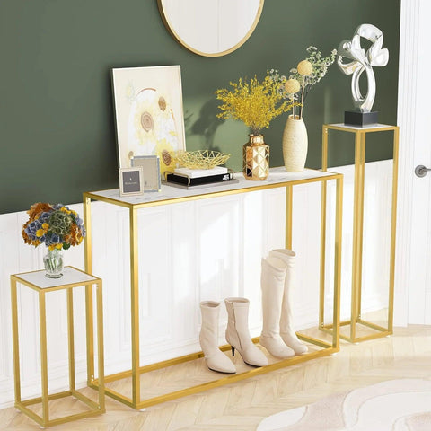 Decorative 3-Pcs White Marble Gold Console Table - Decor Mantra 