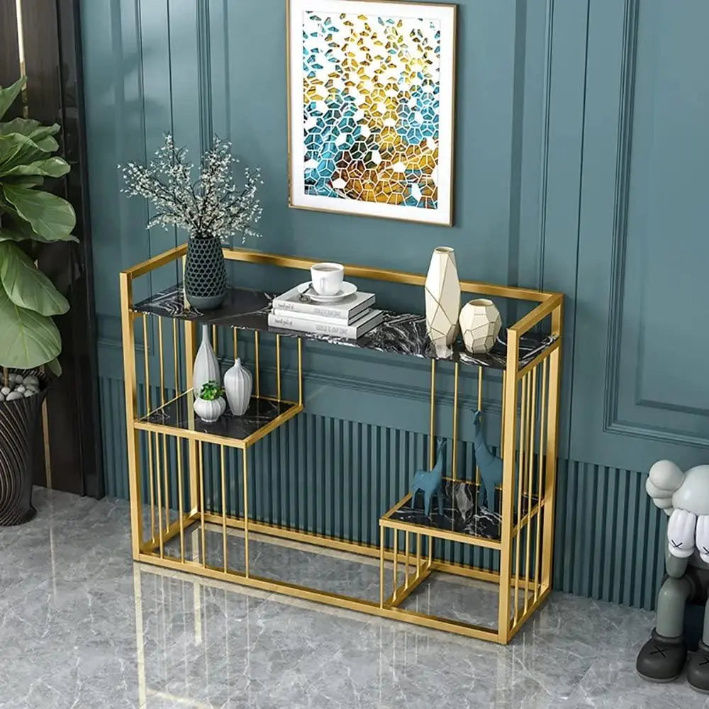 Designer 3-Tier Black Faux Marble Golden Console Table - Decor Mantra 