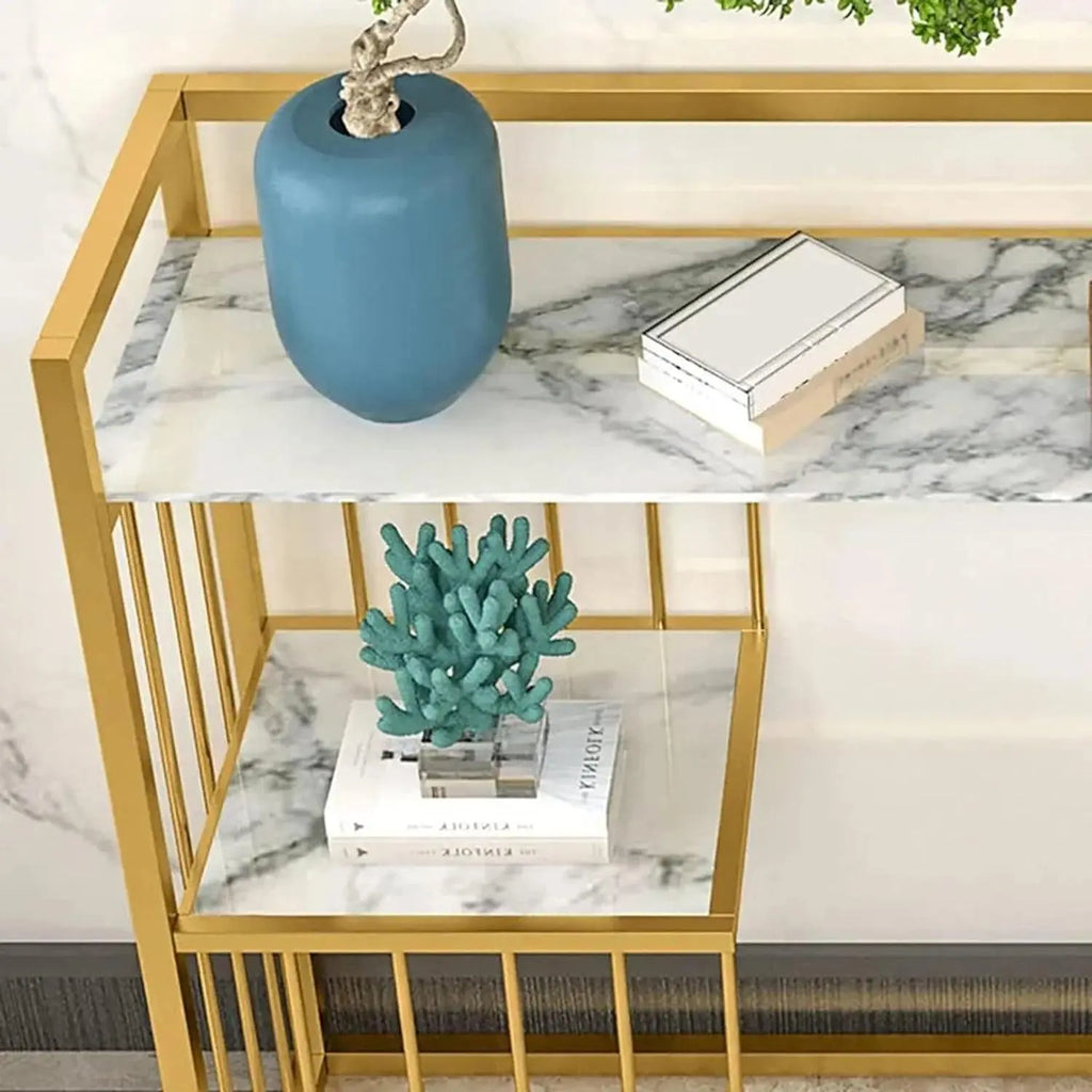 Designer 3-Tier White Faux Marble Golden Console Table - Decor Mantra 