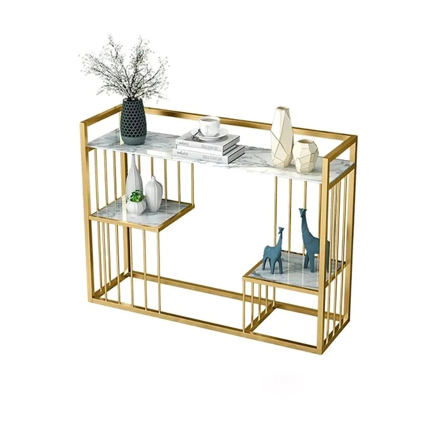 Designer 3-Tier White Faux Marble Golden Console Table - Decor Mantra 