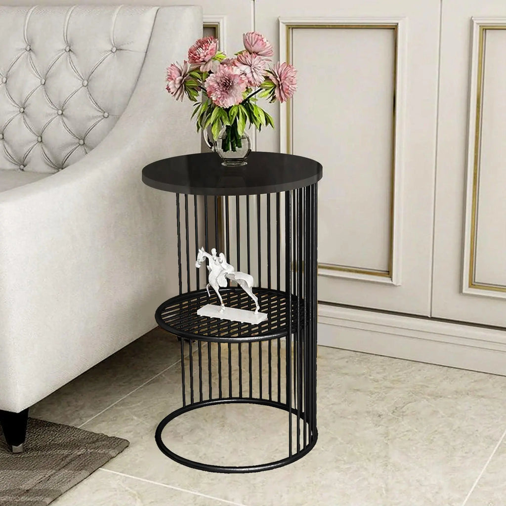 Designer Art Classic Black Finish Half Caged Coffee Round Side Table - Decor Mantra 