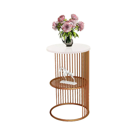 Designer Art Copper Half Caged White with Marble Coffee Round Side Table - Decor Mantra 