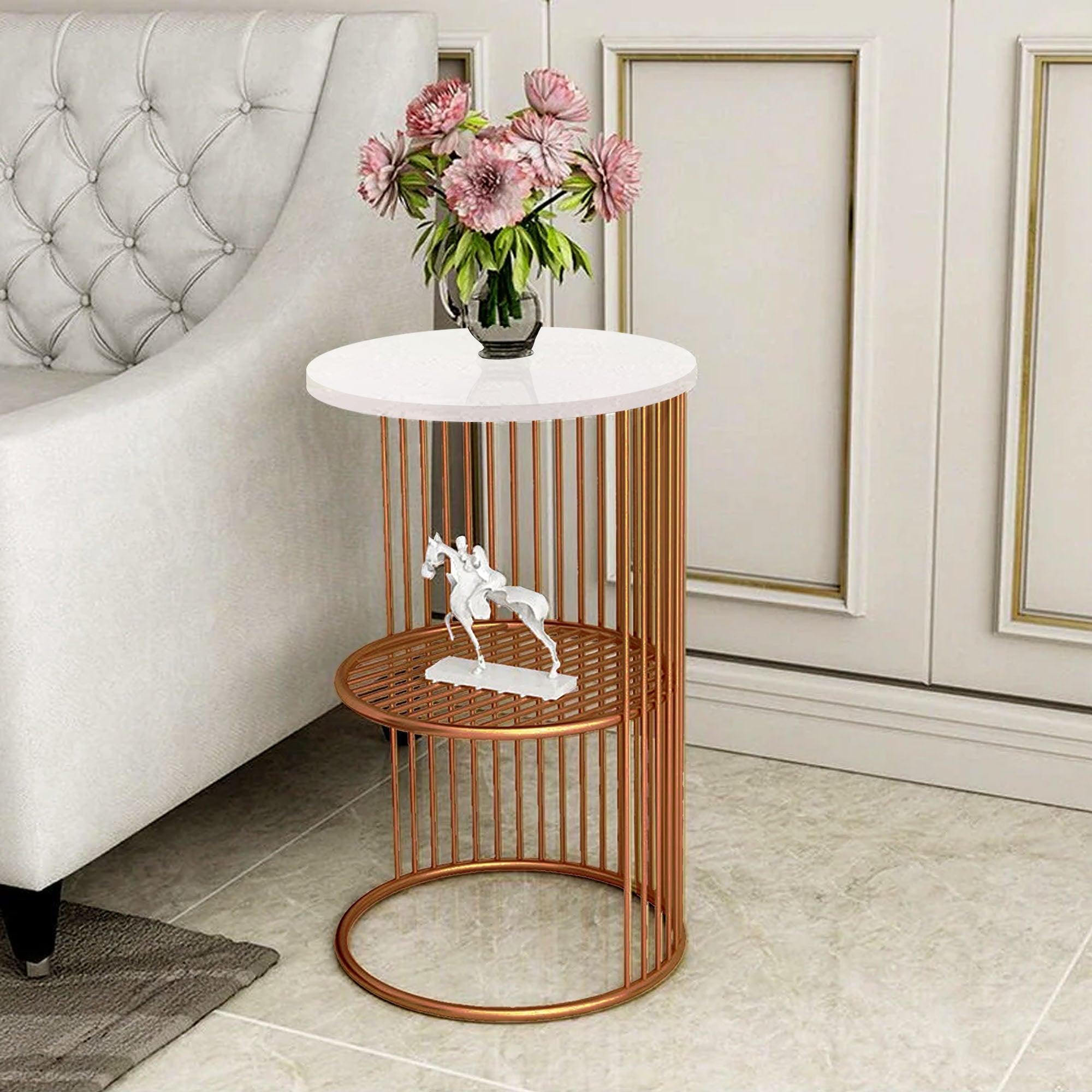 Designer Art Copper Half Caged White with Marble Coffee Round Side Table - Decor Mantra 