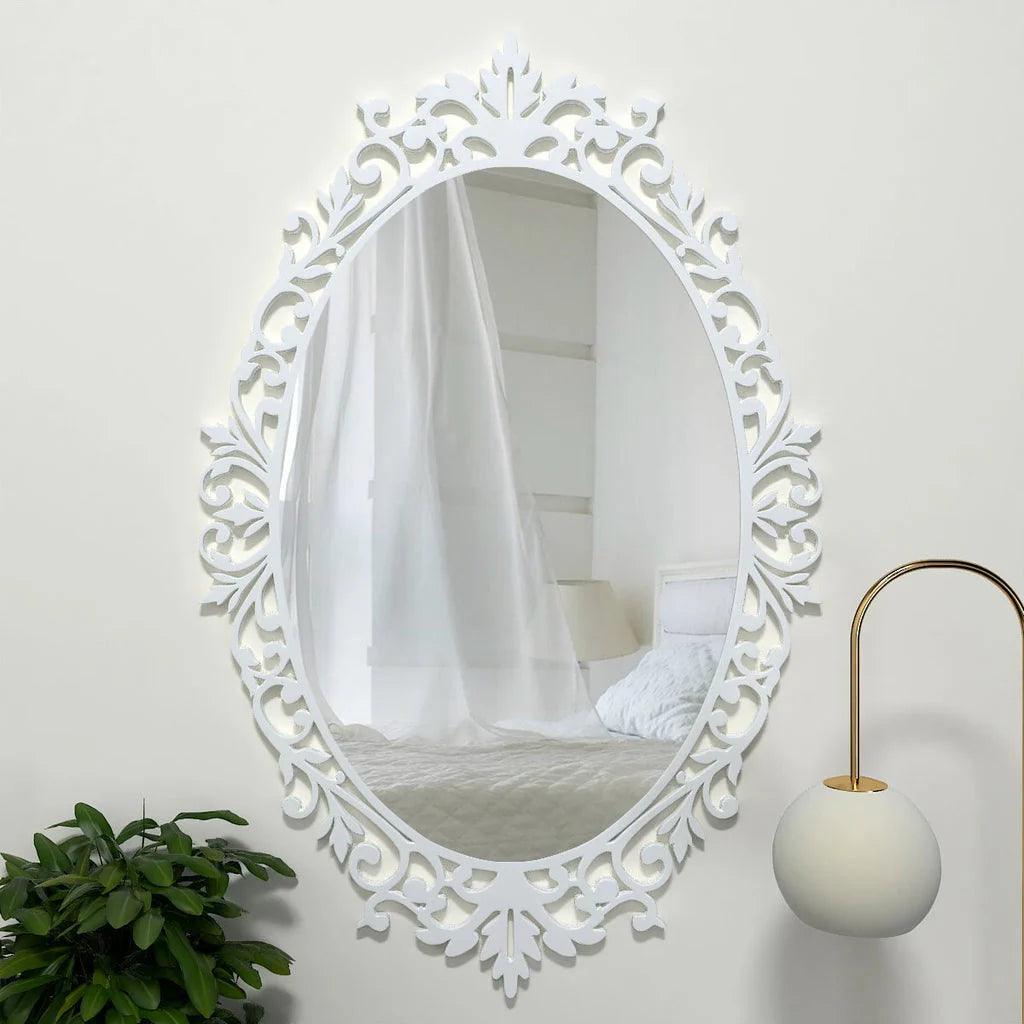 Designer Beautiful Classic Oval Vanity Mirror with Bold Motif Frame - Decor Mantra 
