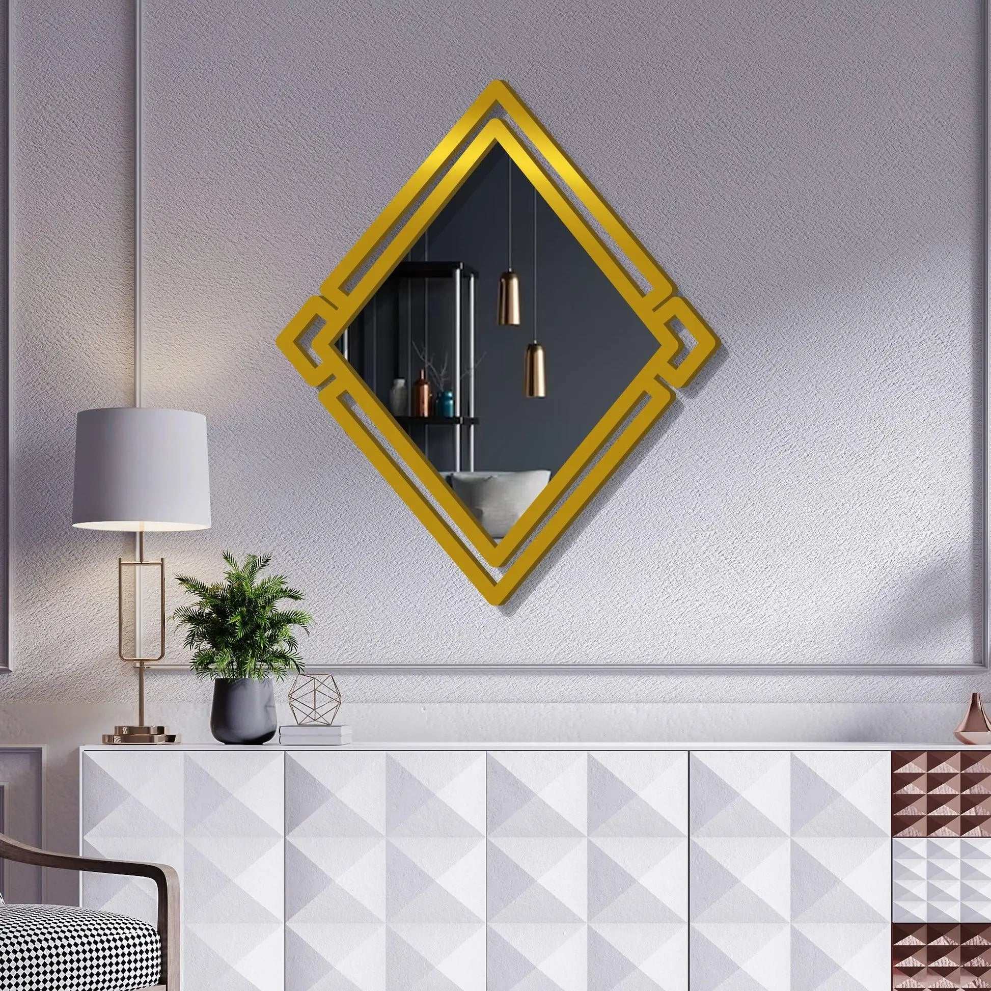 Designer Geometrical Squre Shape Golden Finish Wooden Vanity Mirror - Decor Mantra 