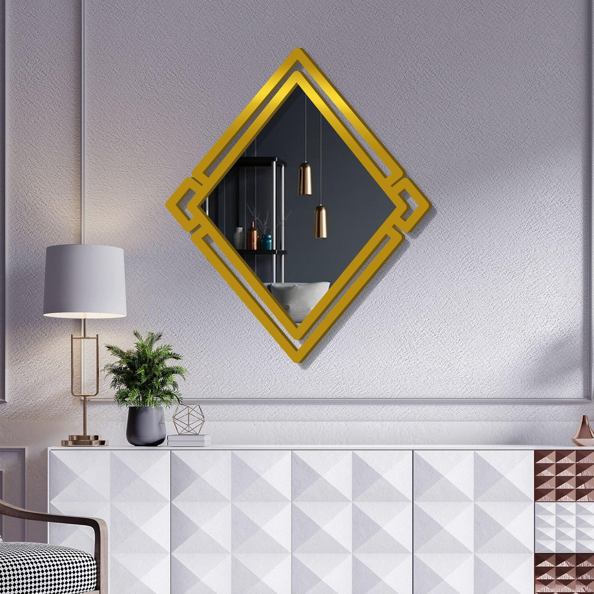 Designer Geometrical Squre Shape Golden Finish Wooden Vanity Mirror - Decor Mantra 