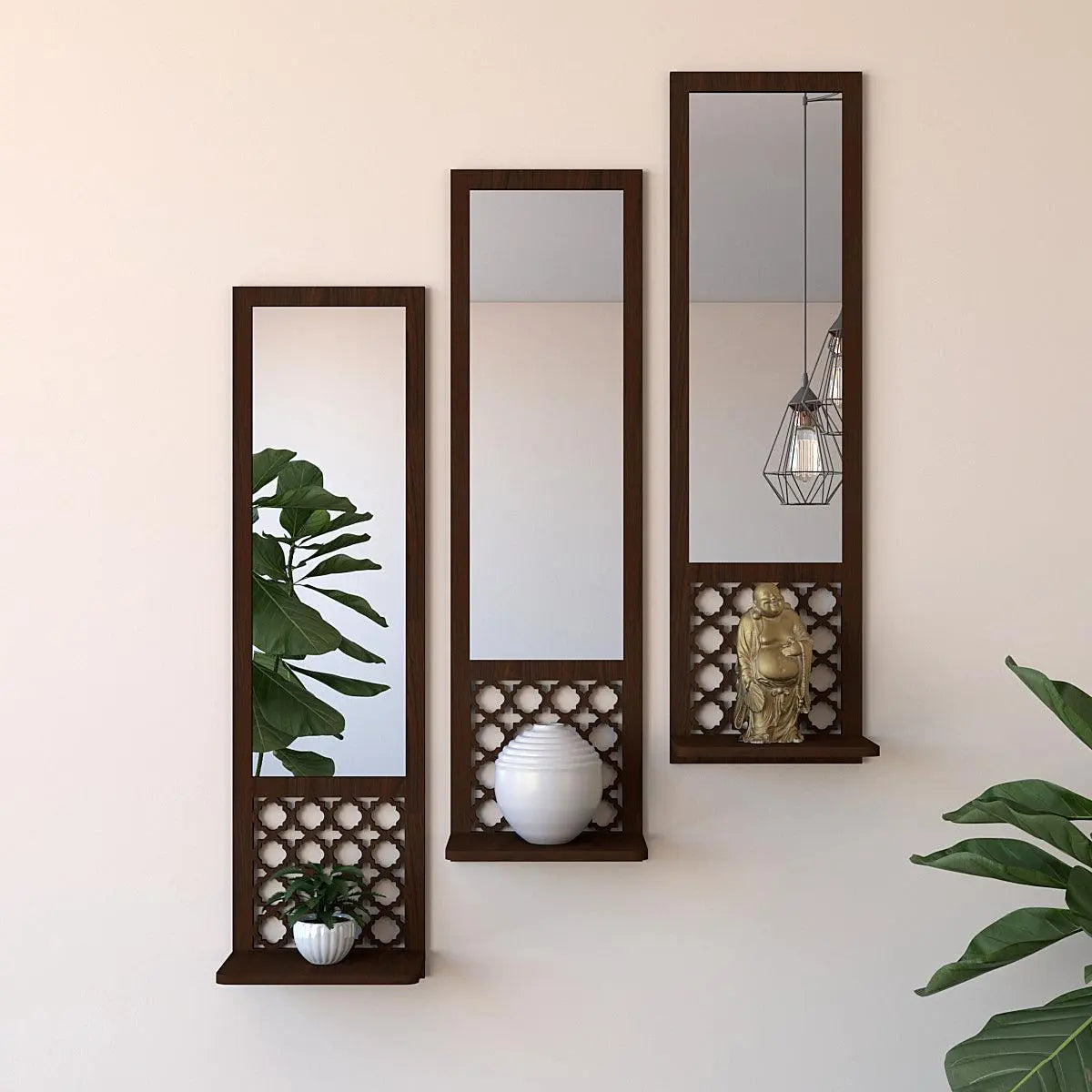 Designer Morrocan Wooden Finish Long Wall Mirror-Set of 3 - Decor Mantra 