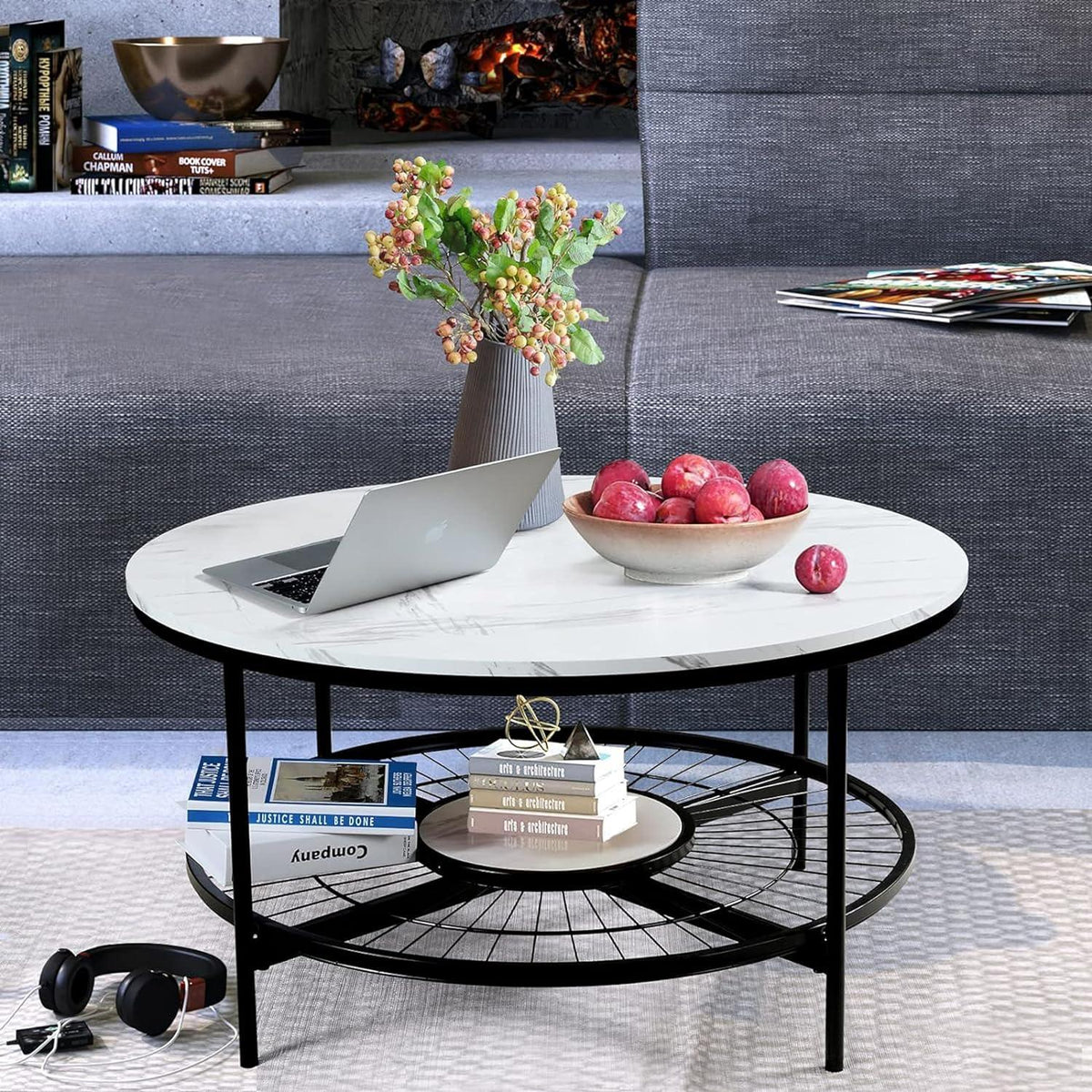 Designer Round Modern Center Table with White Marble Black Metal Finish - Decor Mantra 