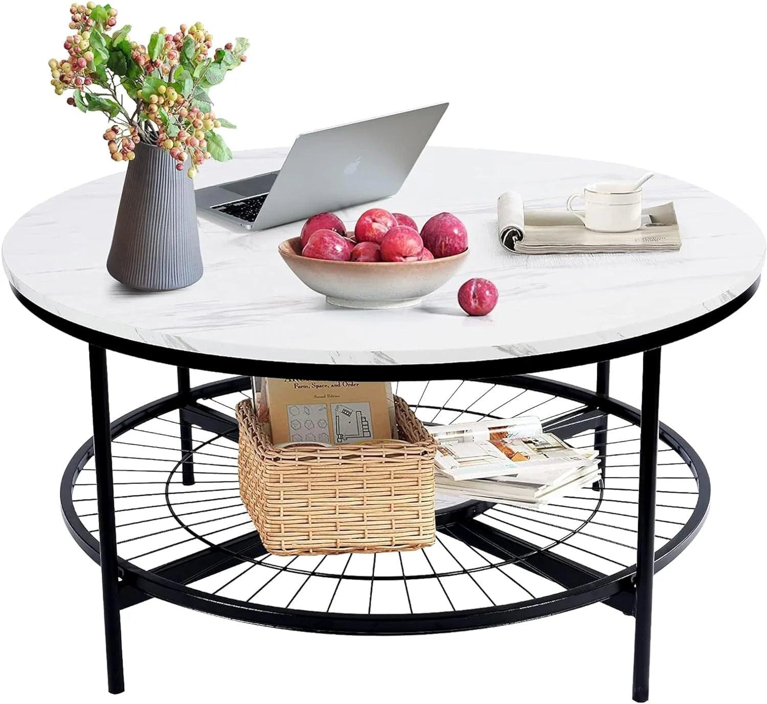 Designer Round Modern Center Table with White Marble Black Metal Finish - Decor Mantra 