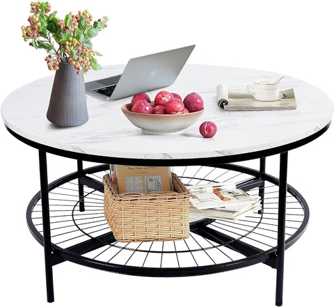 Designer Round Modern Center Table with White Marble Black Metal Finish - Decor Mantra 