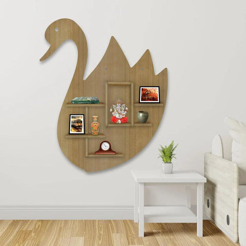 Designer Swan Shape Backlit Wooden LED Light Wall Shelf with Oak Finish - Decor Mantra 