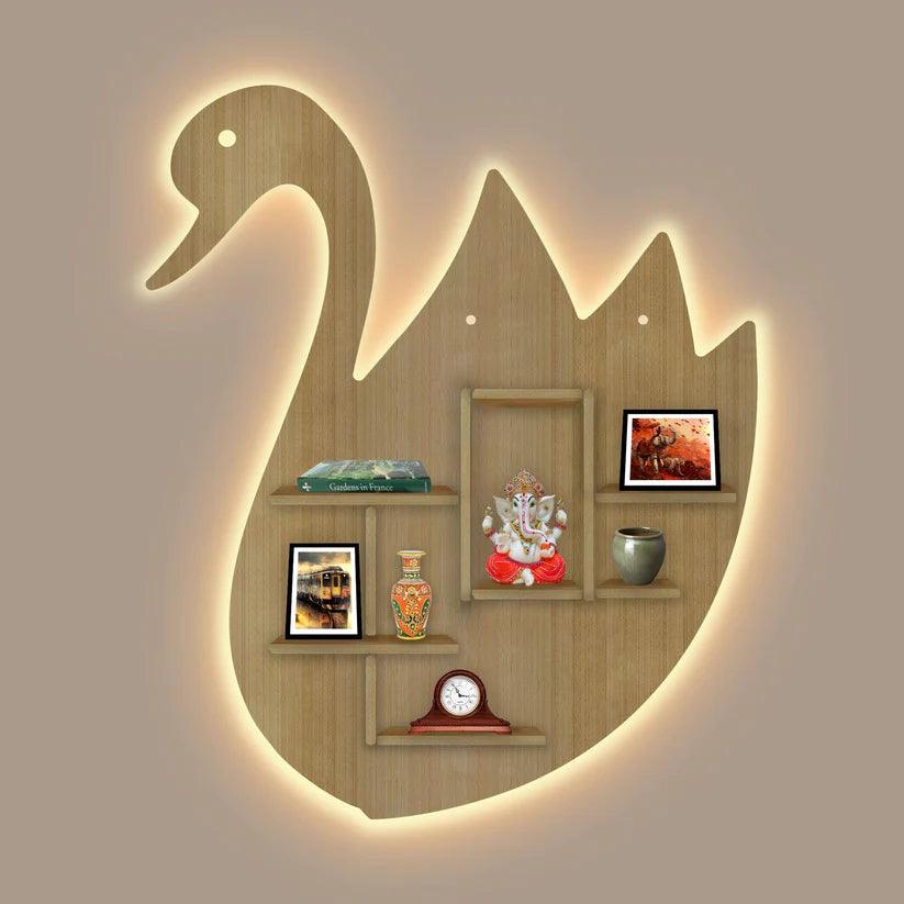 Designer Swan Shape Backlit Wooden LED Light Wall Shelf with Oak Finish - Decor Mantra 