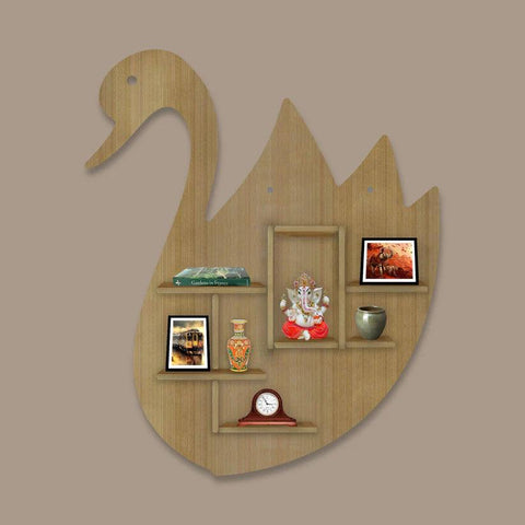 Designer Swan Shape Backlit Wooden LED Light Wall Shelf with Oak Finish - Decor Mantra 
