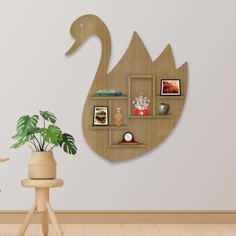 Designer Swan Shape Backlit Wooden LED Light Wall Shelf with Oak Finish - Decor Mantra 