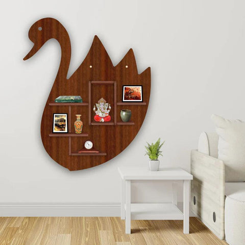Designer Swan Shape Backlit Wooden LED Light Wall Shelf with Walnut Finish - Decor Mantra 