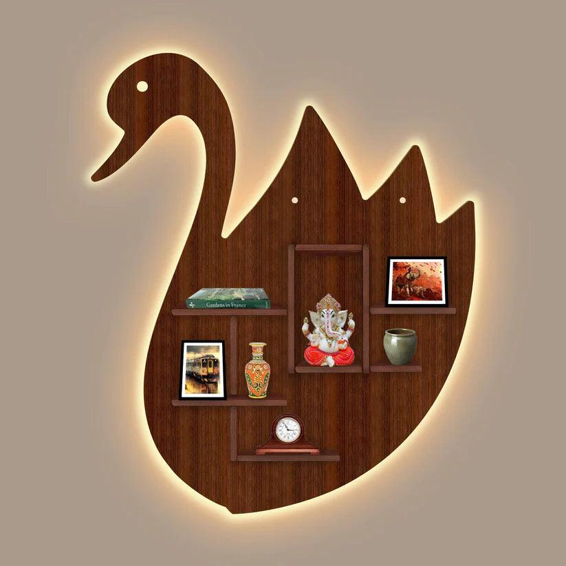 Designer Swan Shape Backlit Wooden LED Light Wall Shelf with Walnut Finish - Decor Mantra 