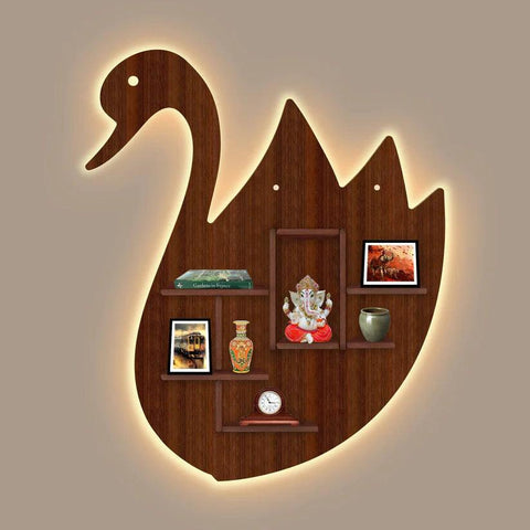 Designer Swan Shape Backlit Wooden LED Light Wall Shelf with Walnut Finish - Decor Mantra 