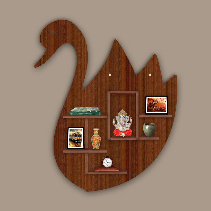 Designer Swan Shape Backlit Wooden LED Light Wall Shelf with Walnut Finish - Decor Mantra 