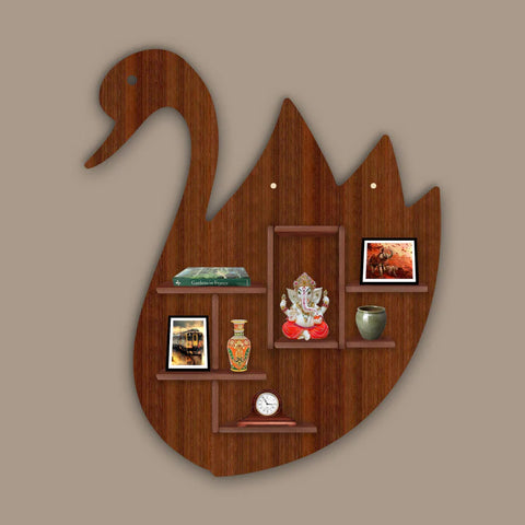Designer Swan Shape Backlit Wooden LED Light Wall Shelf with Walnut Finish - Decor Mantra 