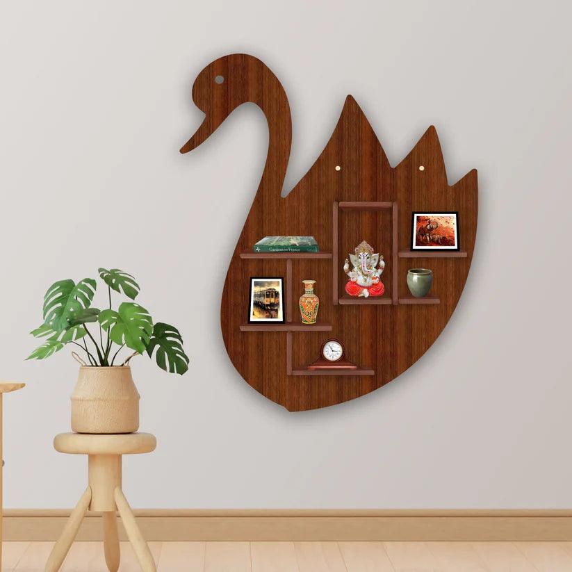 Designer Swan Shape Backlit Wooden LED Light Wall Shelf with Walnut Finish - Decor Mantra 