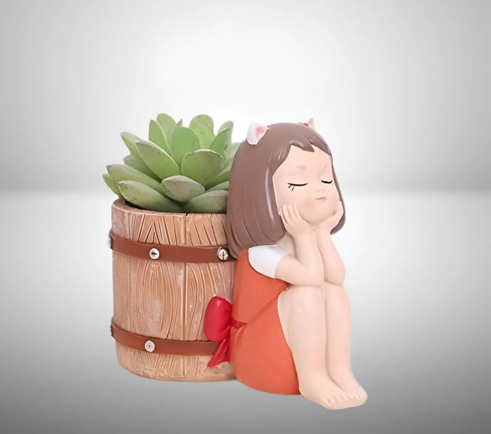 Cute Dreaming Girl Resin Planter Pot