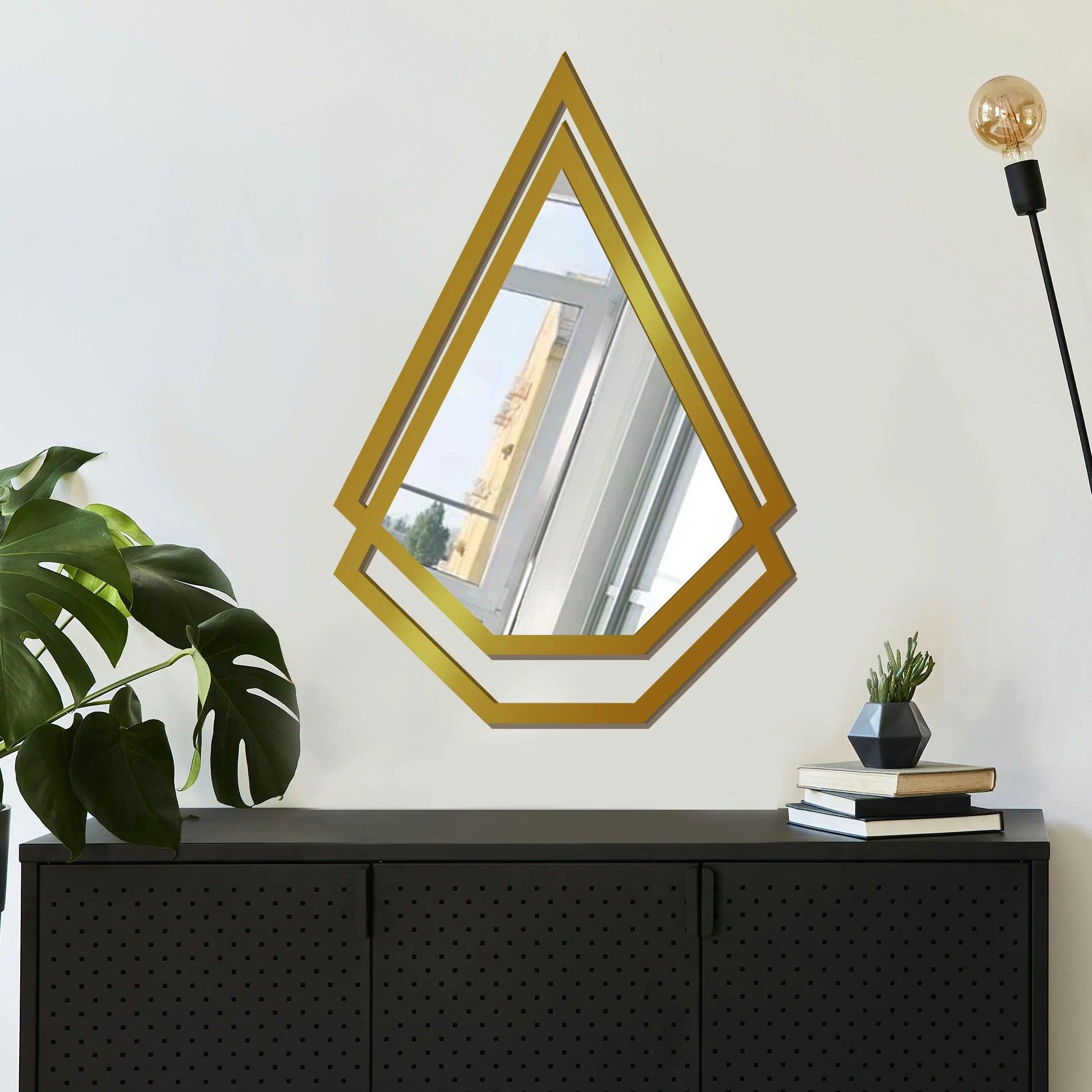 Double Kite Shape Unique Design Wooden Wall Mirror With Gold Texture - Decor Mantra 