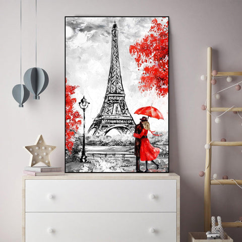 Couple at Eiffel Tower Floating Canvas Wall Painting - Decor Mantra 