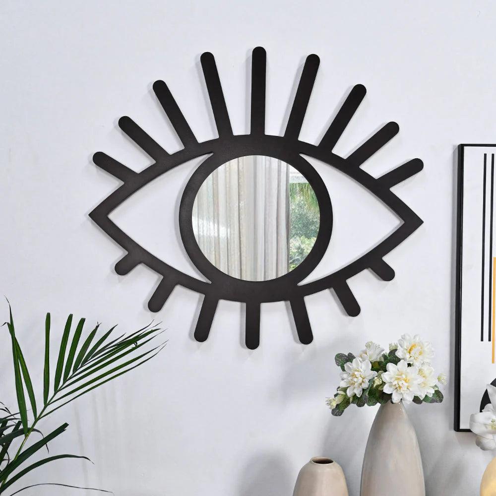 Evil Eye Shaped Crafted with Black Finish Wooden Mirror - Decor Mantra 