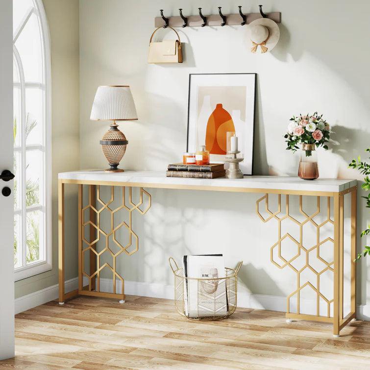 Exquisite Geometric White Faux Marble Robust And Enduring Frame Console Table - Decor Mantra 