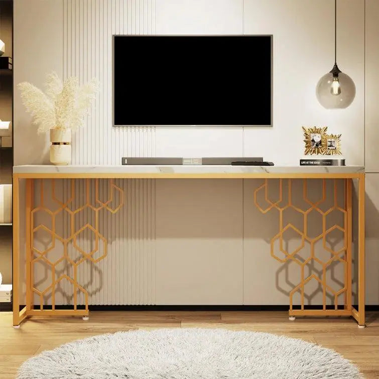 Exquisite Geometric White Faux Marble Robust And Enduring Frame Console Table - Decor Mantra 