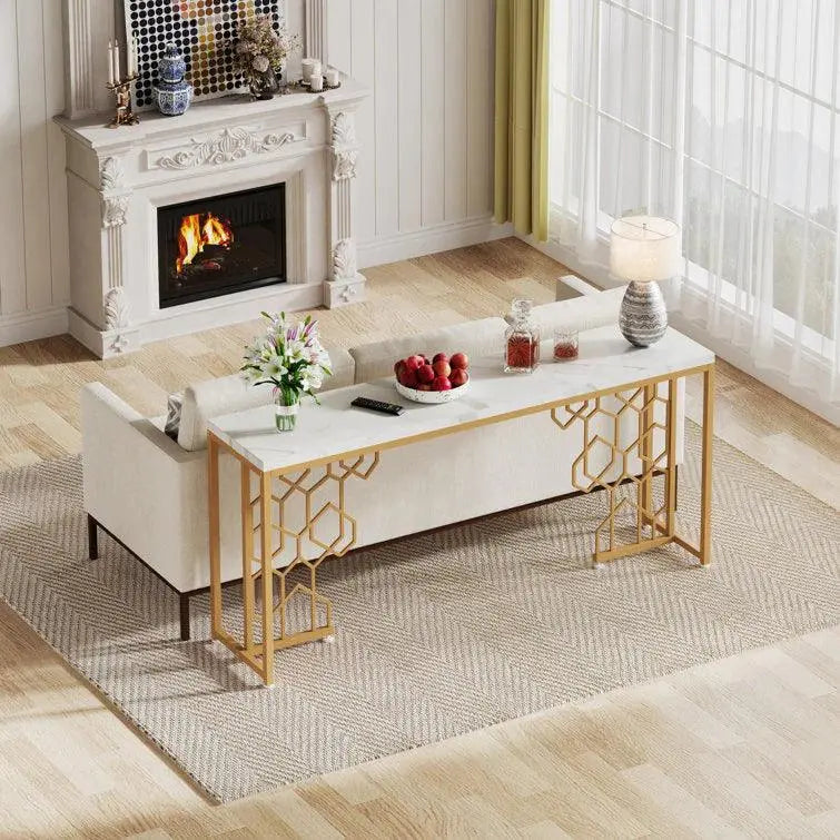 Exquisite Geometric White Faux Marble Robust And Enduring Frame Console Table - Decor Mantra 