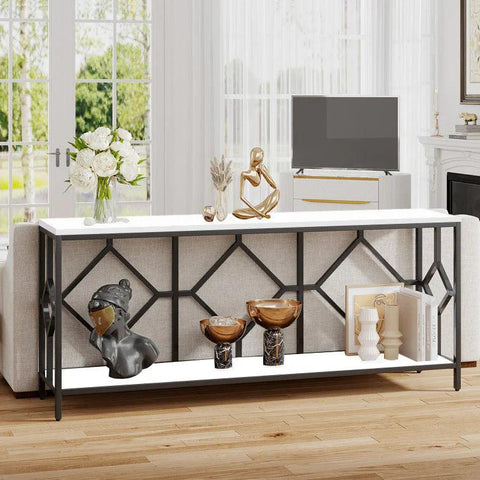 Extra Long White Black Durable Marble 2 Tier Console Table - Decor Mantra 