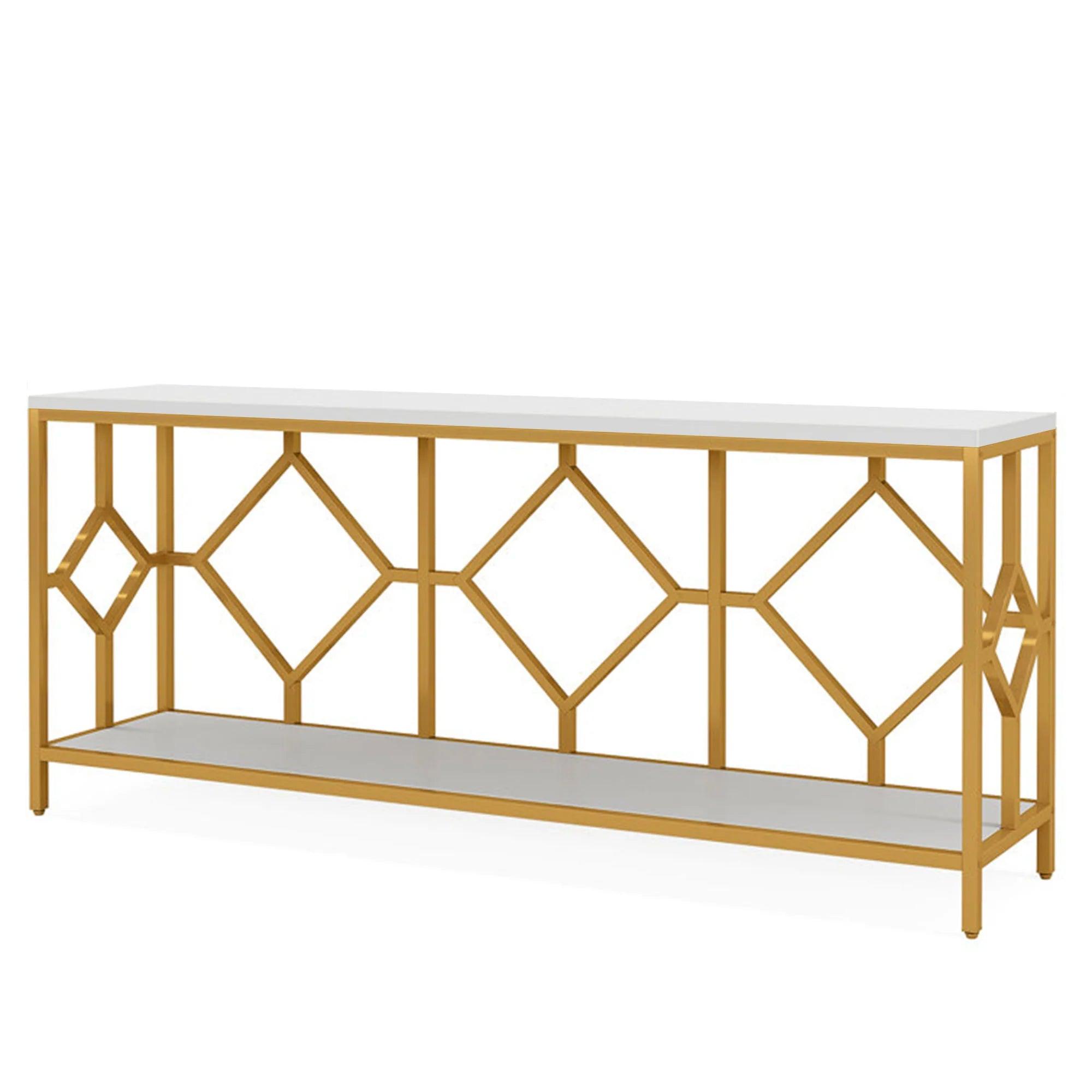 Extra Long White Gold Durable Marble 2 Tier Console Table - Decor Mantra 