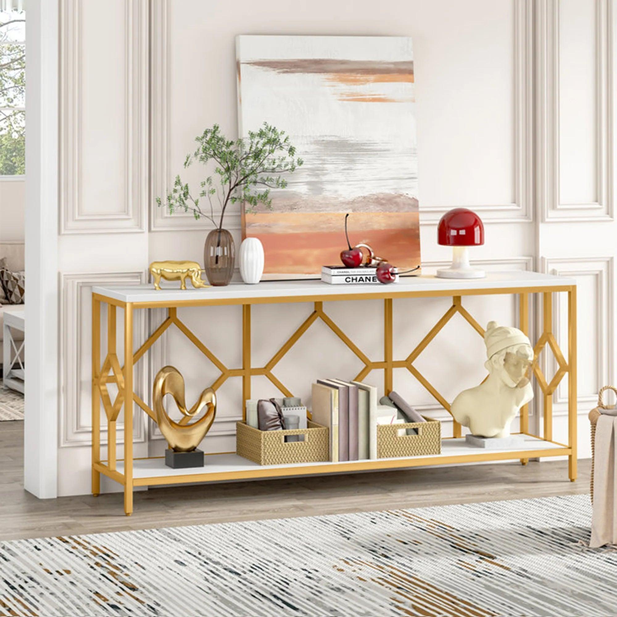 Extra Long White Gold Durable Marble 2 Tier Console Table - Decor Mantra 